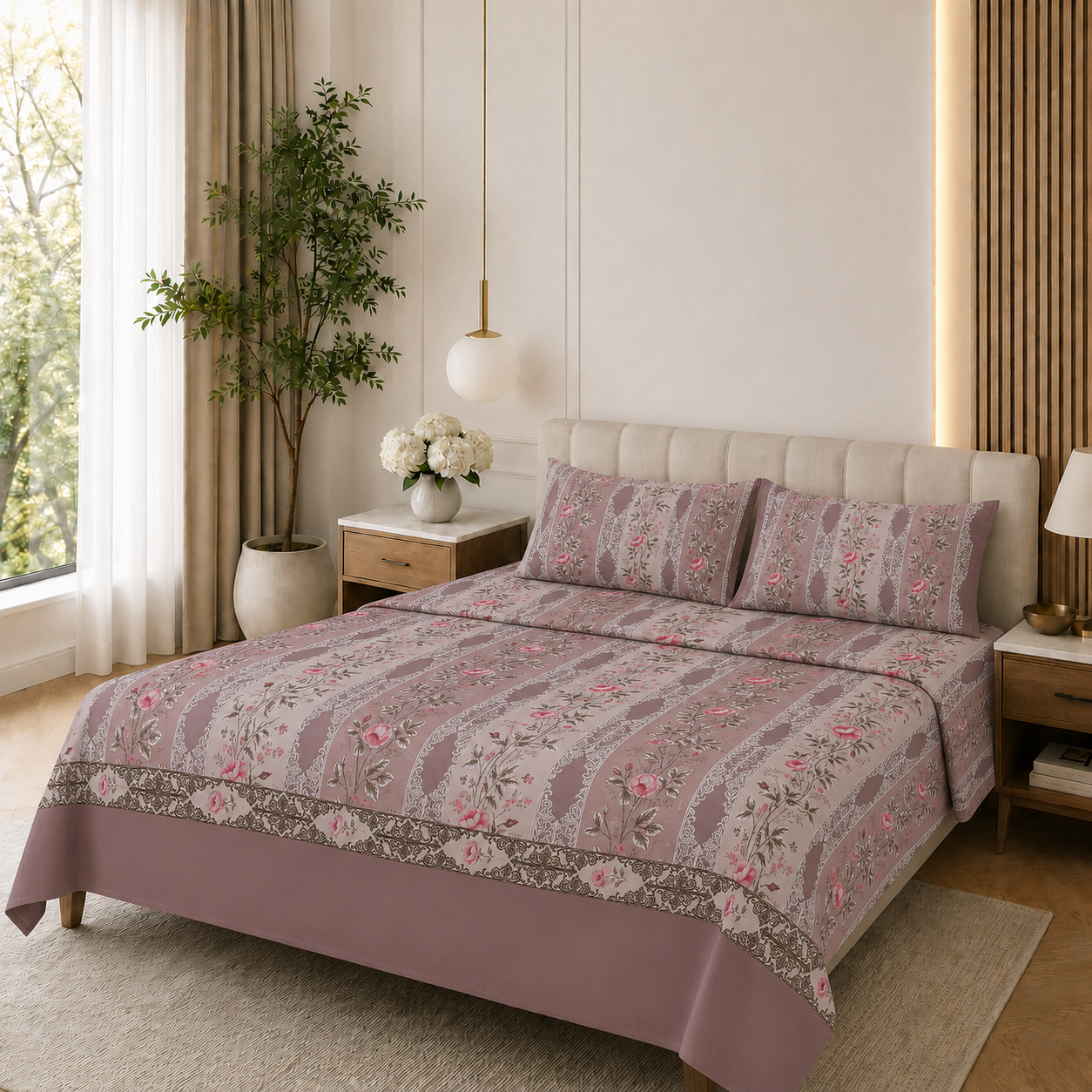 ChatGPT Image May 31, 2026, 10_03_09 AM Mauve Floral Stripe Printed Bedsheet Set - Image 1