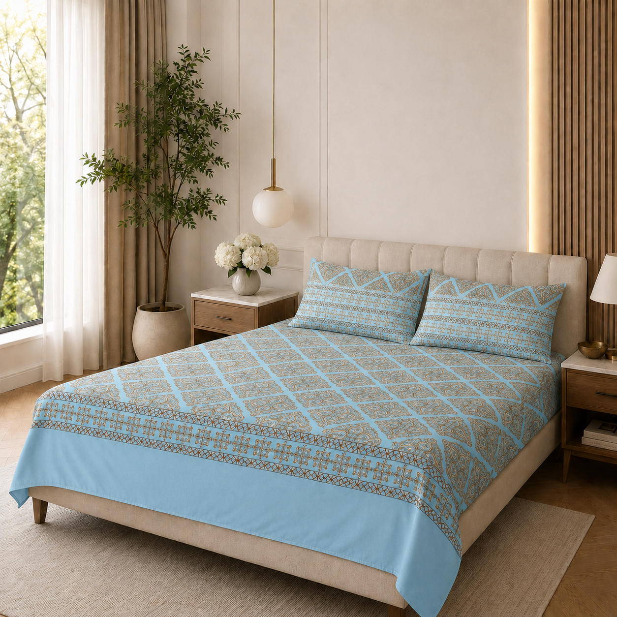 ChatGPT Image May 31, 2026, 10_08_30 AM Aqua Blue Diamond Printed Bedsheet Set - Image 1
