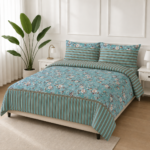 Aqua Floral Stripe Printed Bedsheet Set