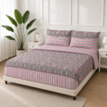 Grey Pink Floral Stripe Printed Bedsheet Set