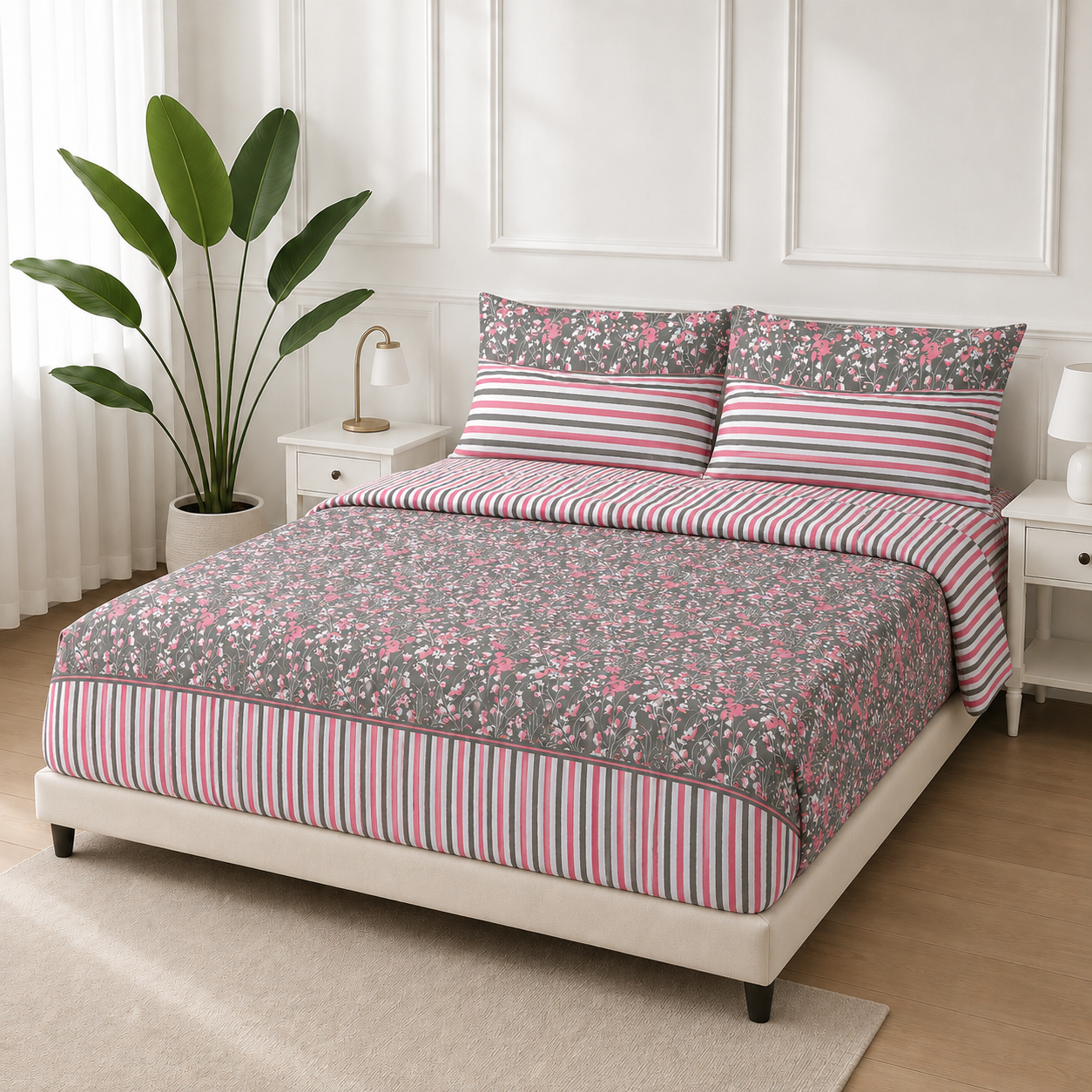ChatGPT Image May 31, 2026, 10_14_48 AM Grey Pink Floral Stripe Printed Bedsheet Set - Image 1