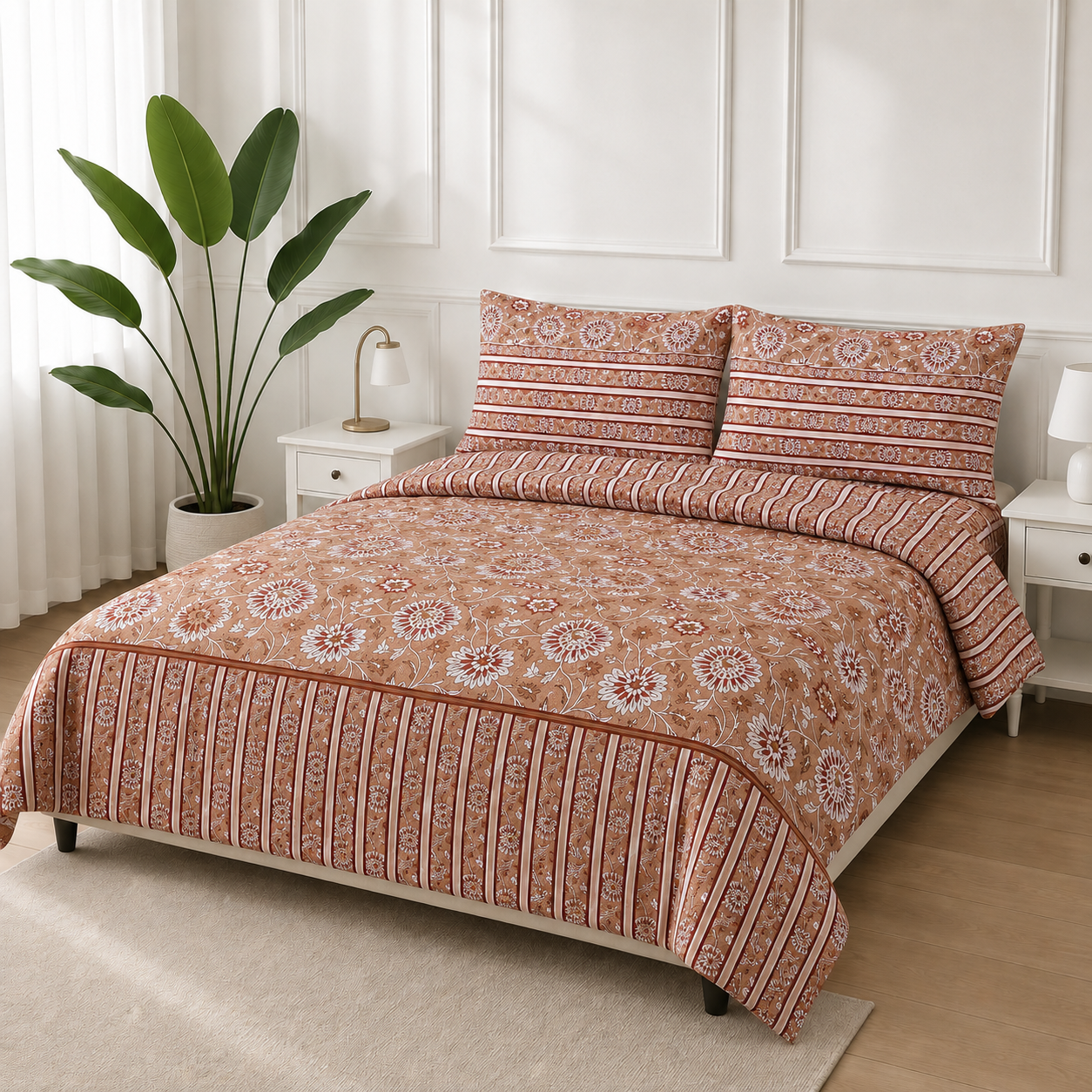 ChatGPT Image May 31, 2026, 10_20_59 AM Terracotta Daisy Stripe Printed Bedsheet Set - Image 1