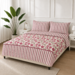 Pink Floral Stripe Printed Bedsheet Set