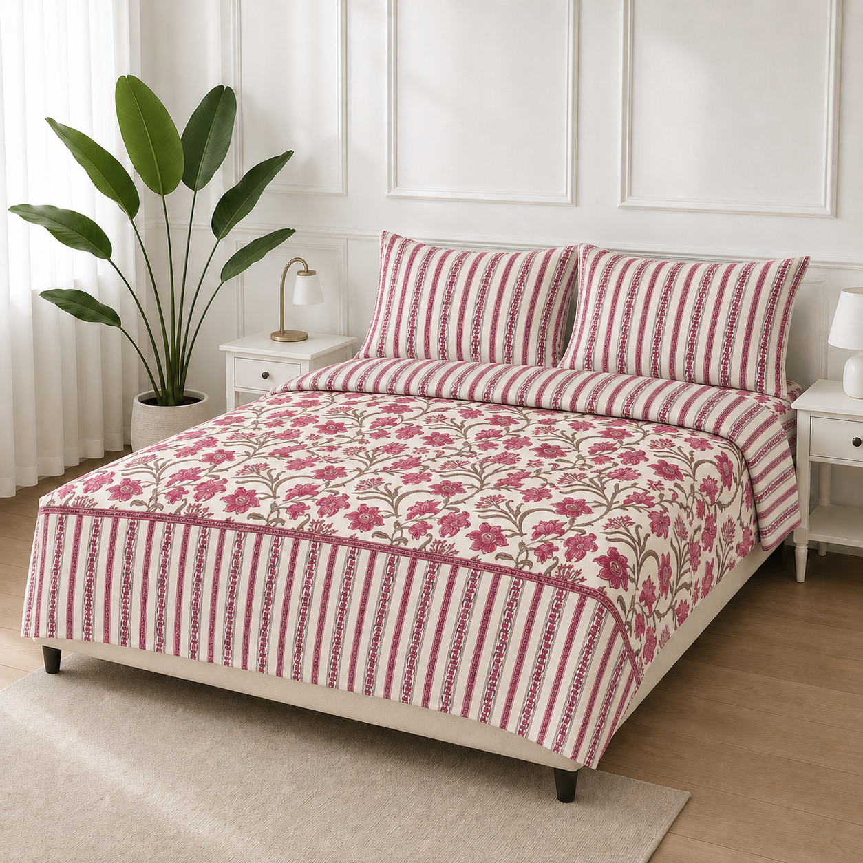ChatGPT Image May 31, 2026, 10_28_07 AM Pink Floral Stripe Printed Bedsheet Set - Image 1