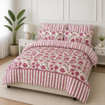 Pink Botanical Stripe Printed Bedsheet Set